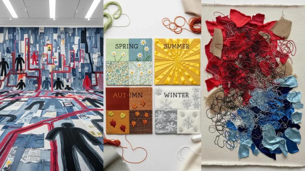 A collage of fabric and embroidery compositions showing different storytelling styles in each stitch.