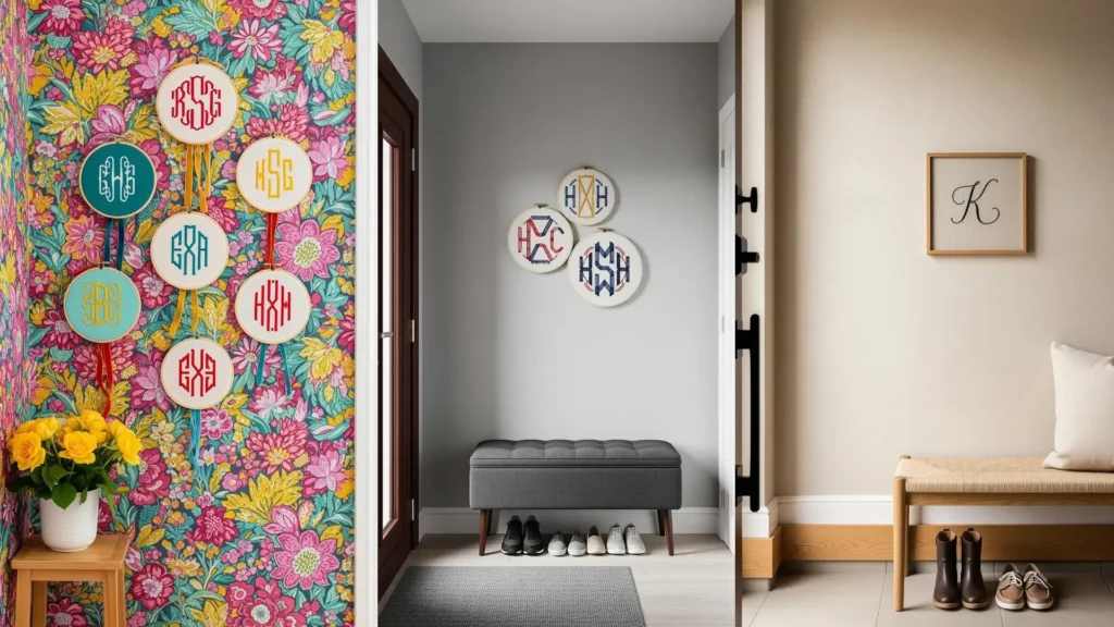 Three tight entryways display mini monogram embroidery frames, showing ways to personalize a small space.
