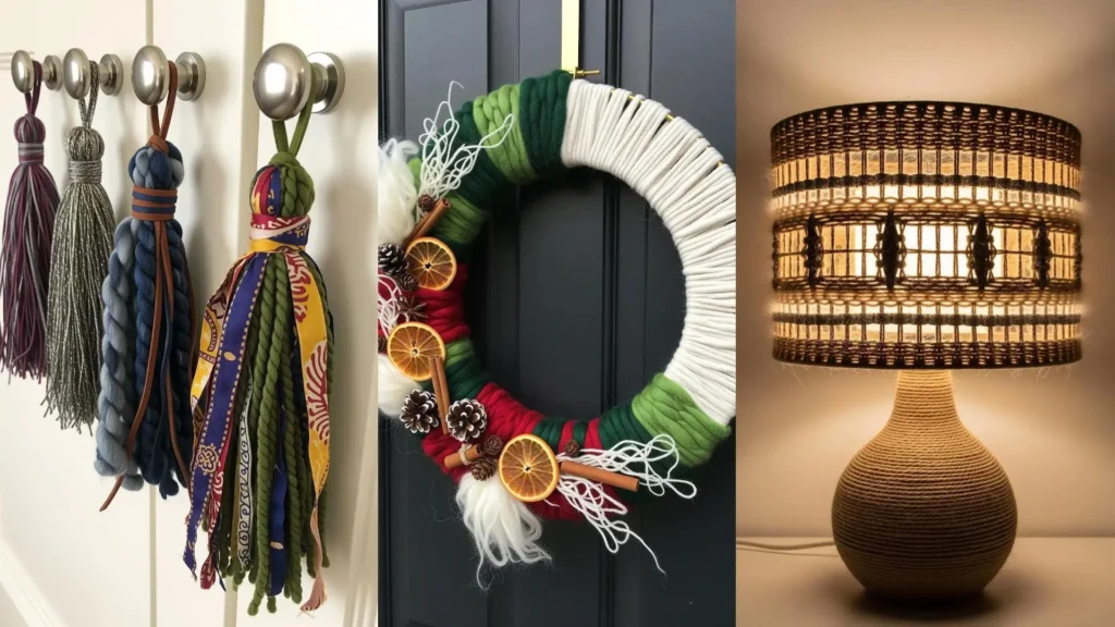 Cozy mixed-fiber winter projects: a collage of handmade tassels, a festive yarn wreath, and a woven lamp for home decor.