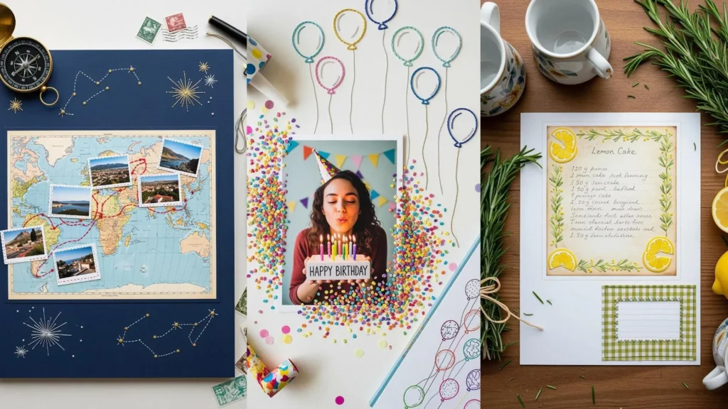 A flat lay of scrapbook pages featuring embroidered mixed-media ideas for travel, birthday, and recipe themes.