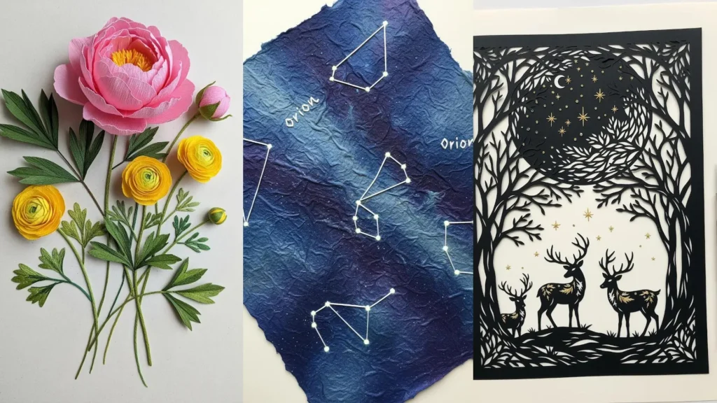 A collage of paper art techniques to make embroidery pop: paper flowers, embroidered constellations, and paper-cut art.