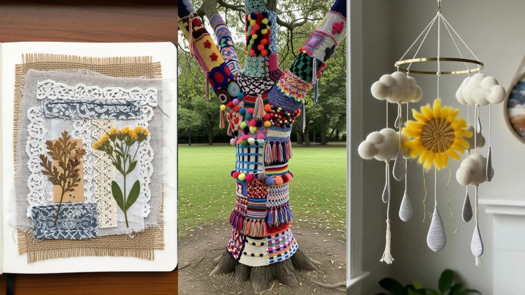 Stunning mixed-fiber projects turning threads into art, featuring a yarn-bombed tree and a woven sunflower mobile.