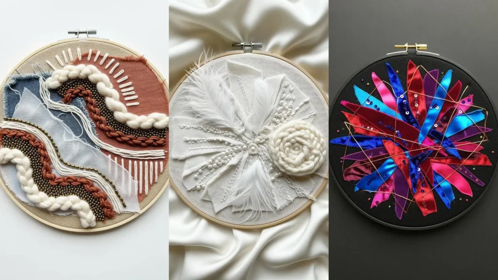 Inspiring abstract mixed-media embroidery ideas using fabric scraps, thick yarn, and beads for unexpected textures.