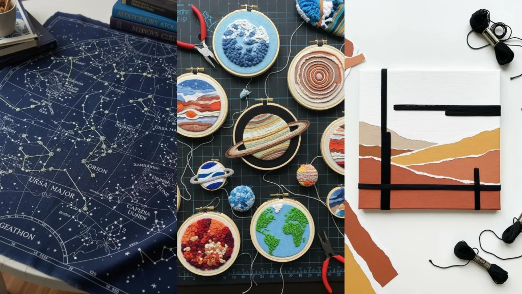 A collage of DIY wall art combining embroidery and mixed media, showing embroidered planets and a modern landscape.