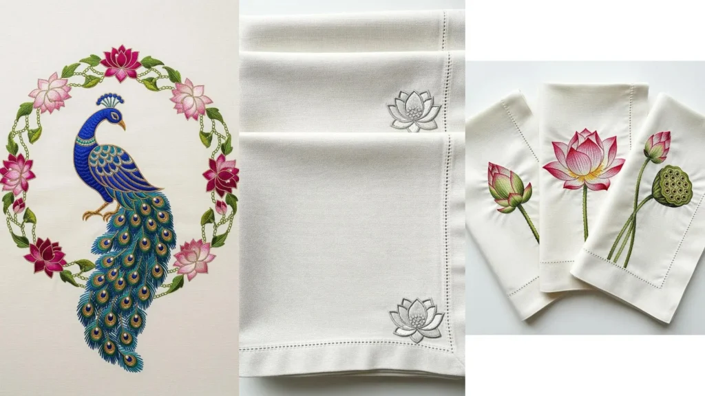 Embroidered table linen with Asian art-inspired peacock and lotus flower designs.