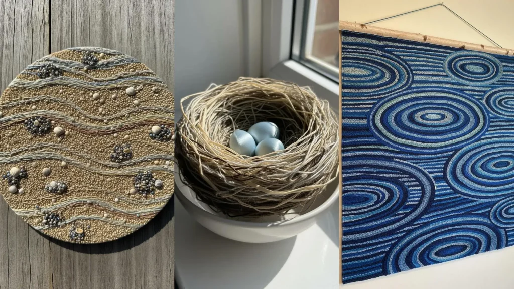 A collage of realistic nature texture embroidery: a sandy beach with shells, a bird's nest, and blue water ripples.