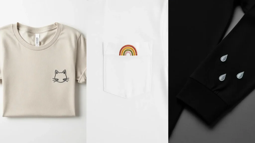 A collage of t-shirts transformed with quick stitch inspirations into tiny works of art, including a cat and a rainbow.