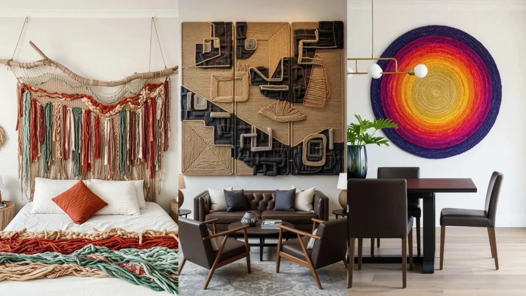 A collage of stunning fiber art installations transforming rooms, from a rustic woven tapestry to a colorful round wall hanging.