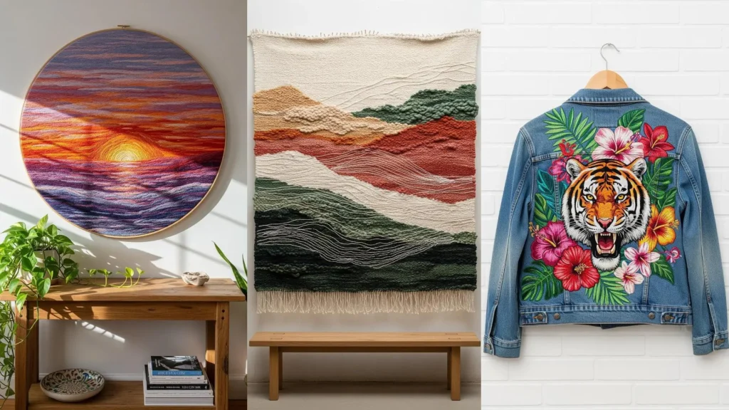 Unique handmade objects for a creative home: a round embroidered sunset, a woven tapestry, and a tiger-embroidered jacket.