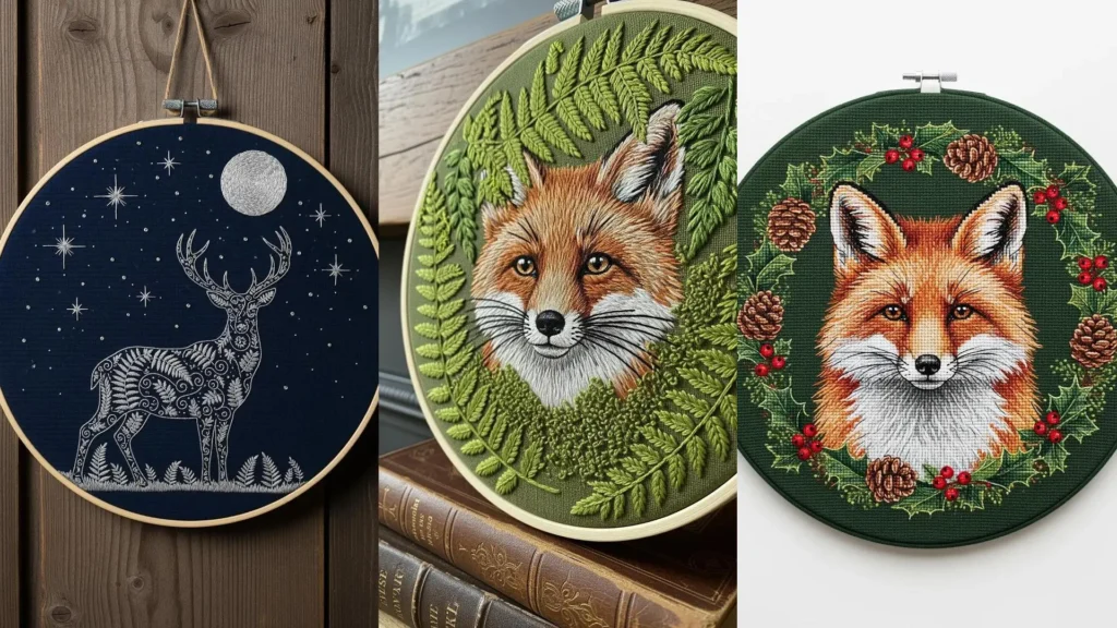 A collage of fox and deer embroidery patterns in hoops, showing a deer under the stars and two foxes with woodland leaves.