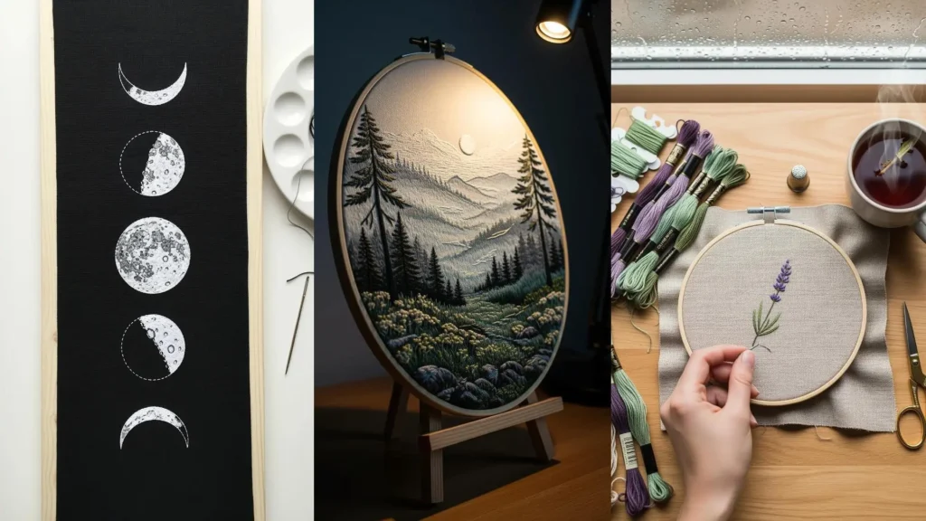 Calming DIY embroidery projects for a rainy day, including a lavender hoop, tea, and a cozy window.