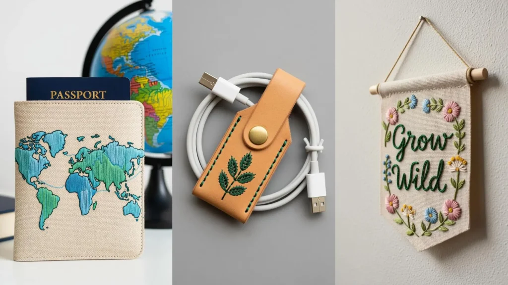 A collage of small handmade projects that make thoughtful gifts, like an embroidered passport holder and wall art.