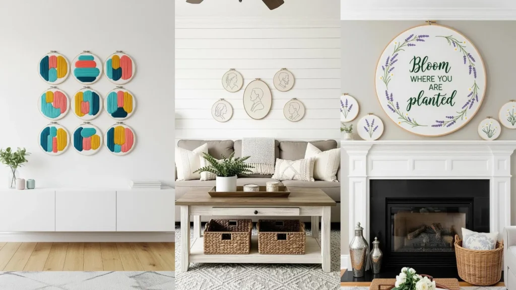 A collection of wall hoop art ideas to brighten a living room, featuring abstract, portrait, and floral embroidery.