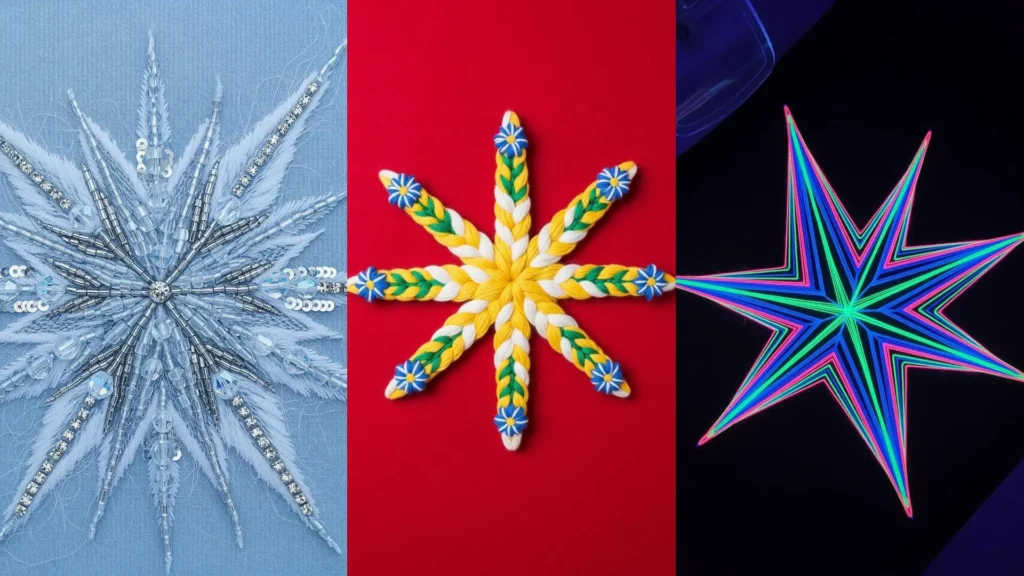 Examples of abstract thread burst techniques for creating dramatic star-shaped centerpieces.