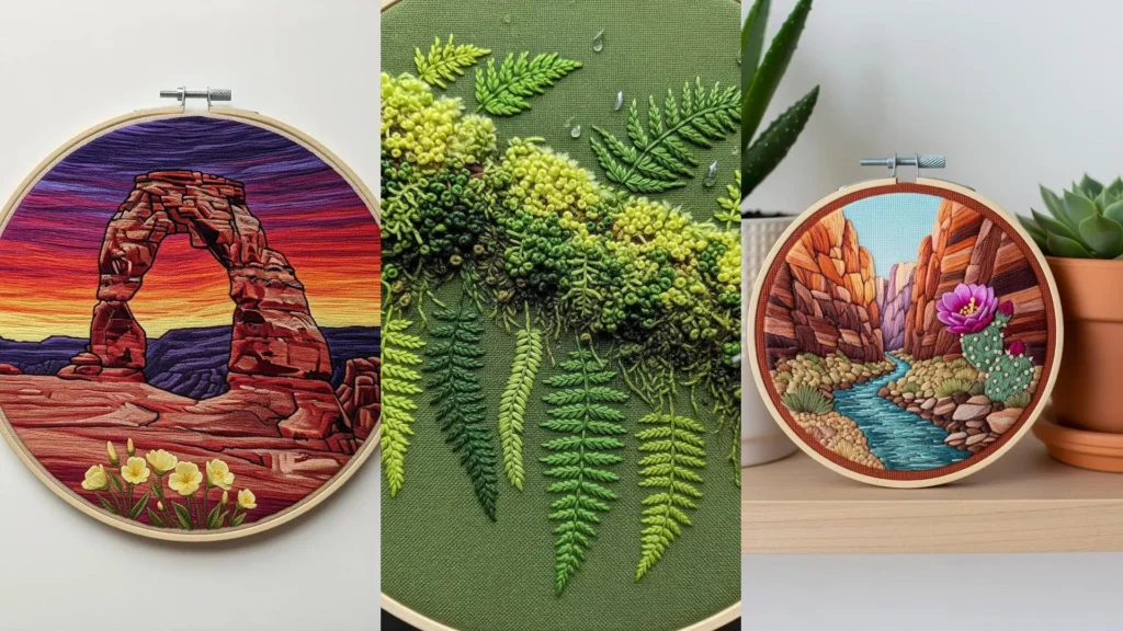 Three embroidery hoops with art of national park scenic trails, like a desert arch and canyon river.