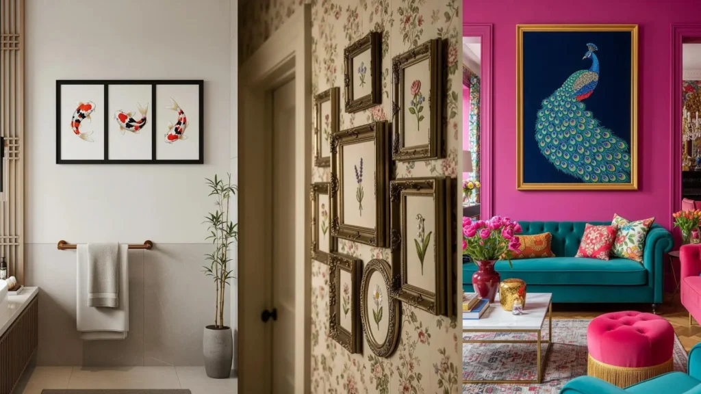 Framed embroidery artworks with tiny details, like a peacock and flowers, beautifully displayed in different home interiors.