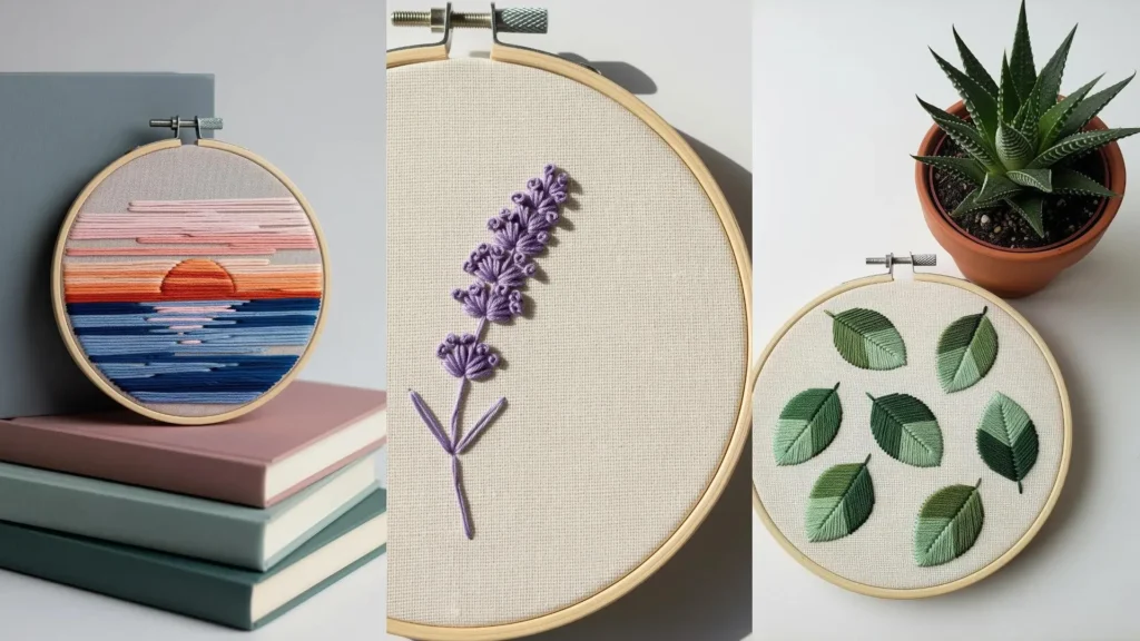 A collage of three minimal embroidery patterns, a sunset, lavender, and leaves, that look impressive but are easy to make.