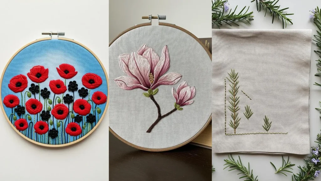 Collage of eco-friendly embroidery with flowers and herbs, made with organic threads and natural dyes.