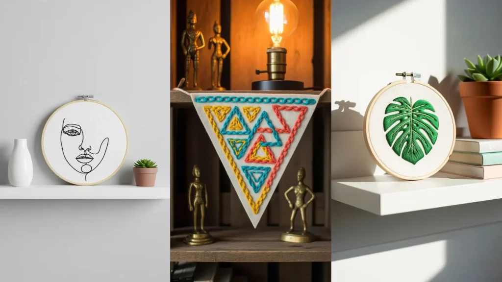 Chic embroidery accents, like a Monstera leaf hoop and a geometric banner, styled on modern shelves.