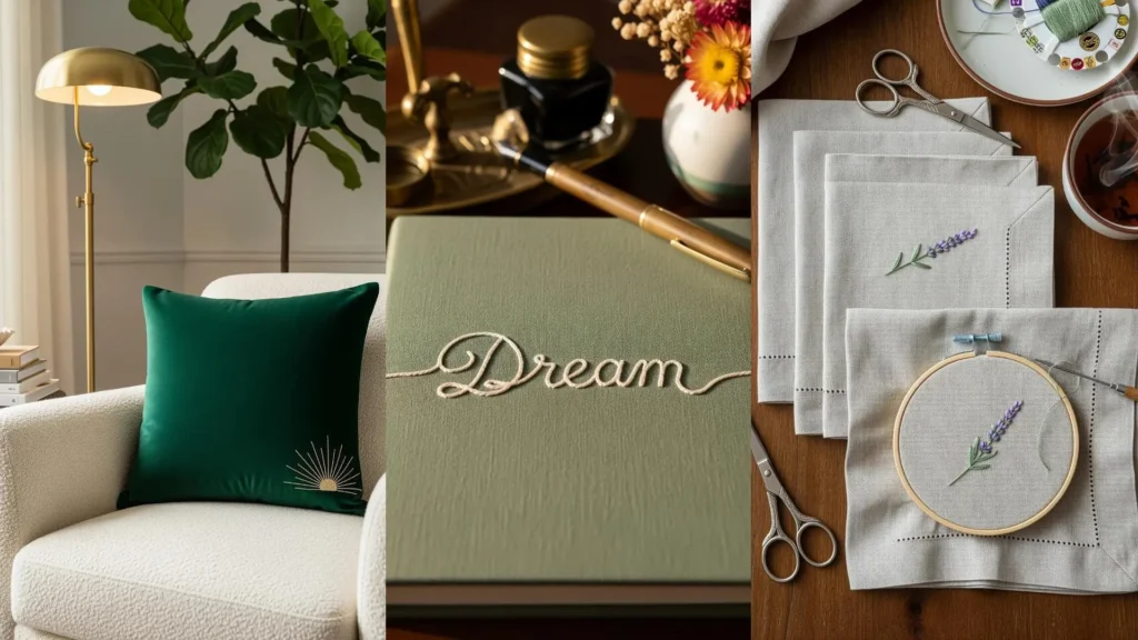 A collage of home decor with tiny embroidered accents for a designer look: a pillow, a book, and lavender napkins.