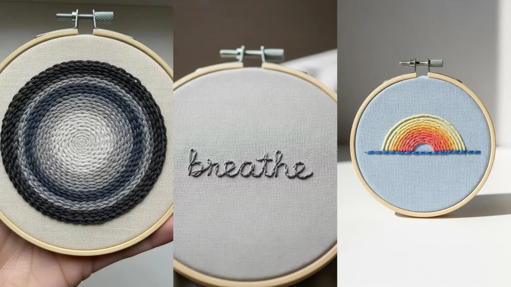 A collage of three minimalist embroidery ideas for a modern chic look, featuring a spiral, the word 'breathe,' and a sunset.