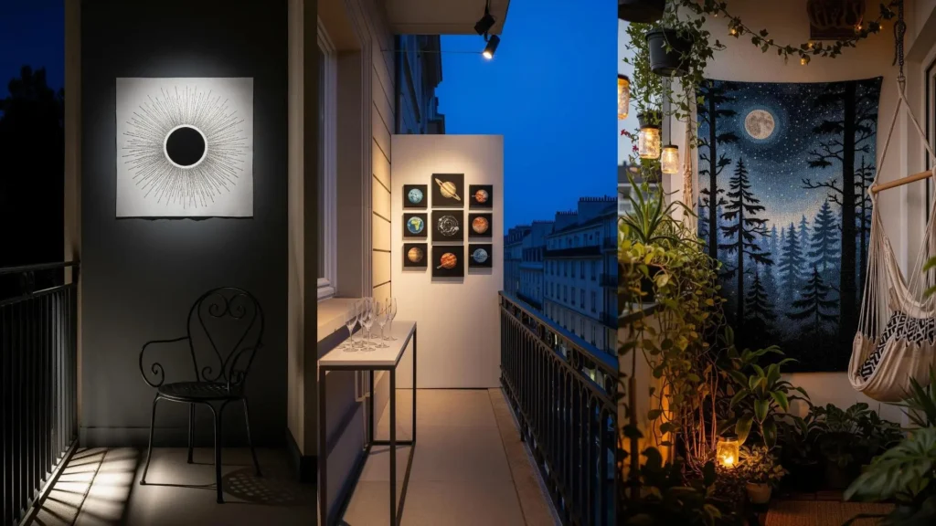 Magical balcony walls with celestial micro-embroidery ideas, including a sun, planets, and a moonlit forest tapestry.