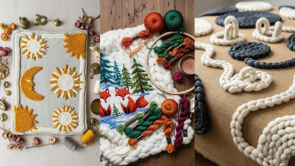 Cozy embroidered blankets and throws for winter, showing a fox scene, hot cocoa, and chunky sun and moon designs.