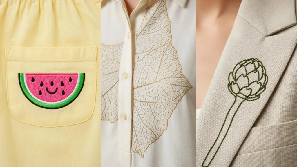 A collage showing minimal fruit and plant motifs embroidered on luxury summer clothing for a handmade look.