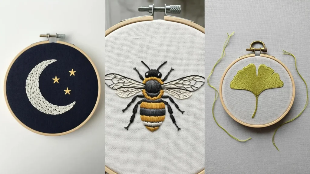 A collage of vintage-inspired mini embroidery designs, including a bee, a crescent moon, and a ginkgo leaf.