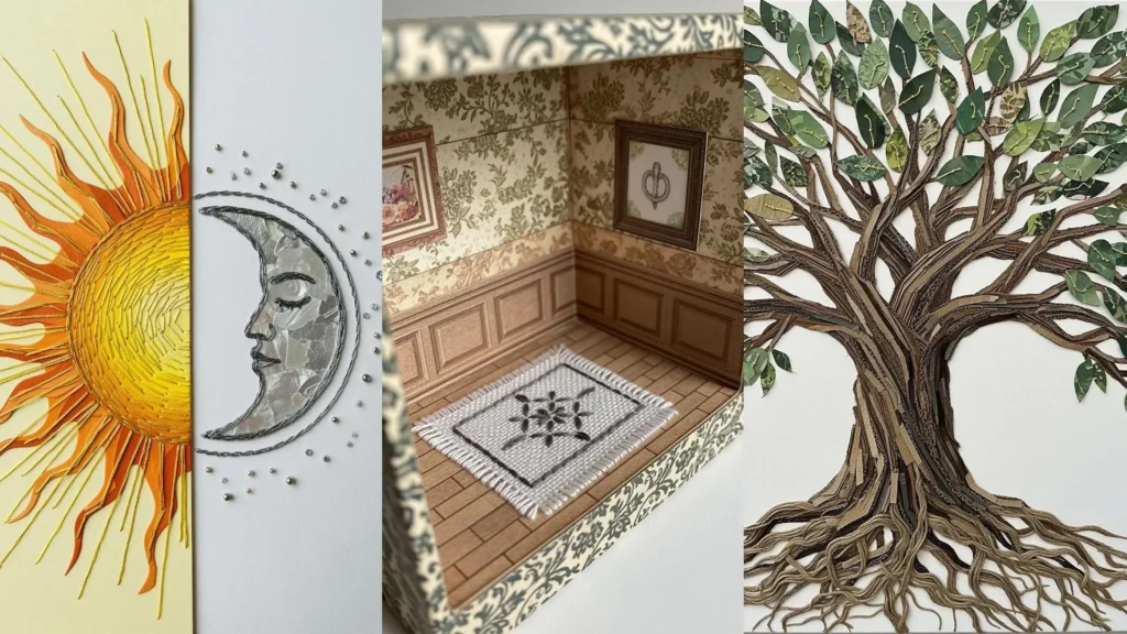 A colorful collage of DIY projects using thread and paper to create a sun and moon, a diorama, and a tree.