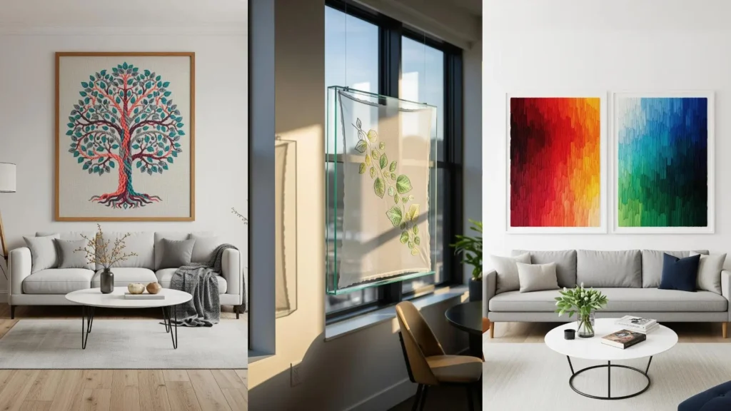 A collage of elegant framed embroidery artworks, from a colorful tree to modern abstract pieces, in stylish homes.