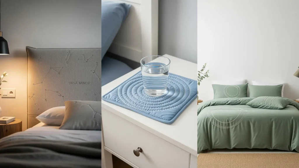 Simple and soft stitched ideas for a serene bedroom, including a constellation headboard and patterned green bedding.