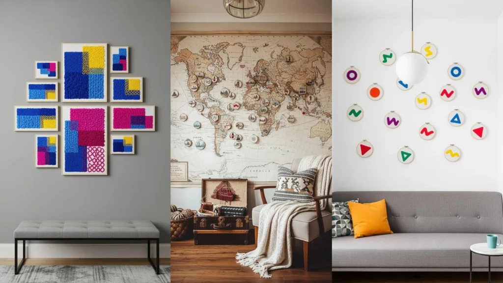 Accent walls in compact living rooms, decorated with tiny, colorful boho embroidery patterns for a cozy feel.