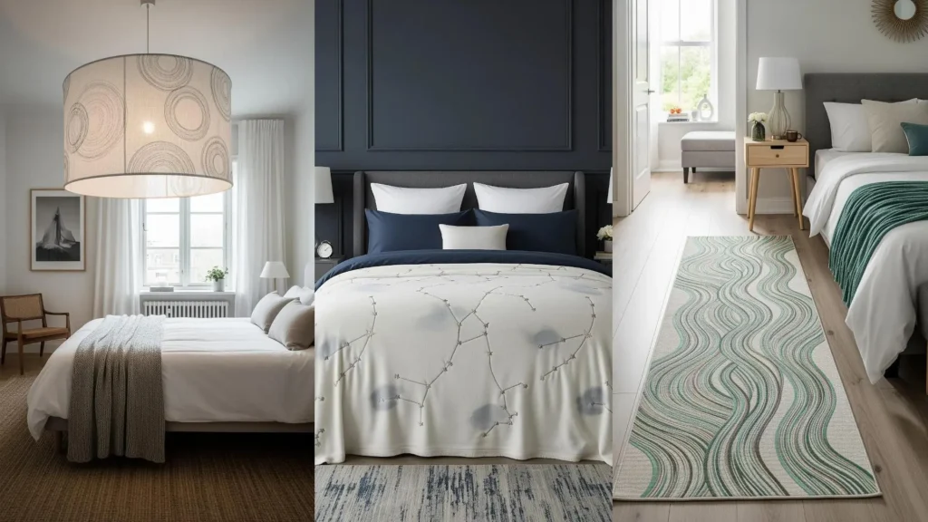 Collage of serene bedrooms with watercolor-style embroidery patterns on bedding & rugs, creating a calm visual flow.