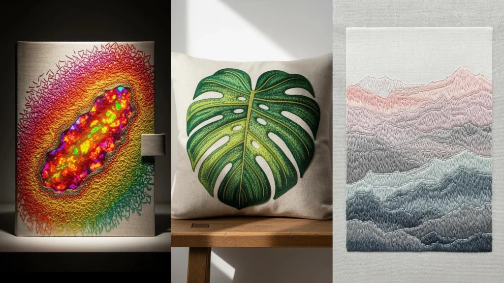 Three texture-rich thread art pieces showing gradient magic with variegated thread in a geode, leaf, and mountain design.