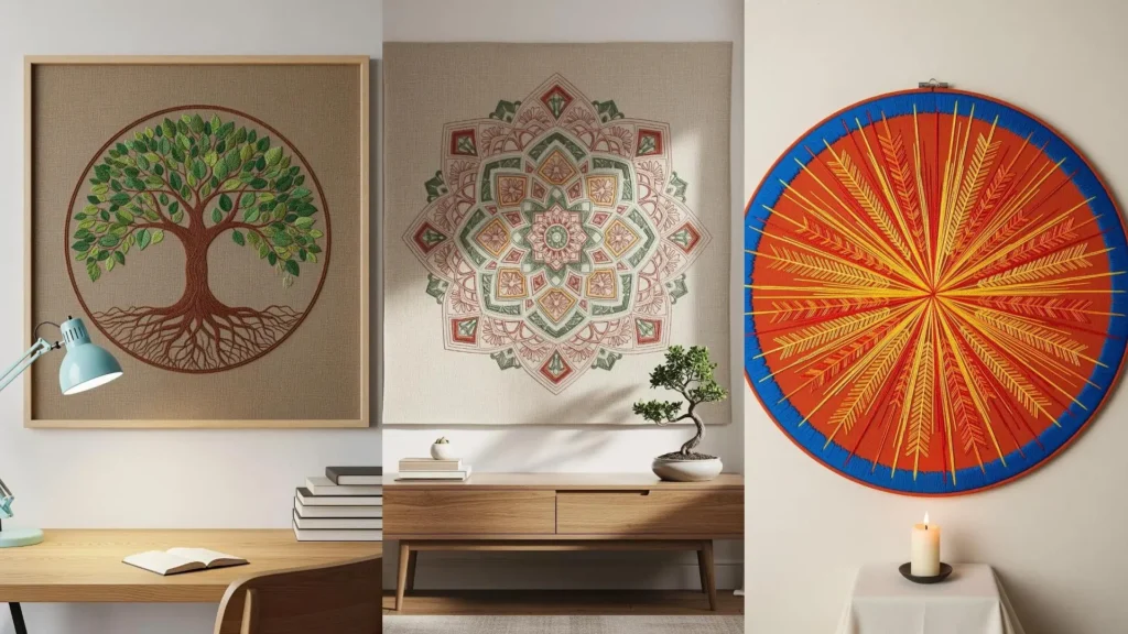 A wall display of embroidered mandala art, including a tree of life, creating a zen decor for mindful stitching.