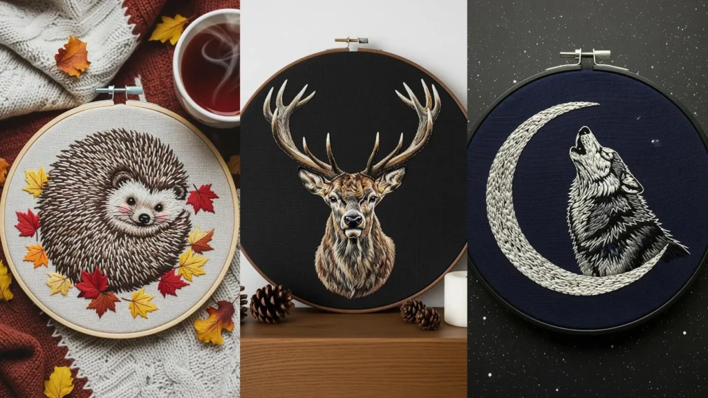 Realistic animal embroidery patterns in hoops. Designs feature a hedgehog with autumn leaves, a deer, and a wolf.