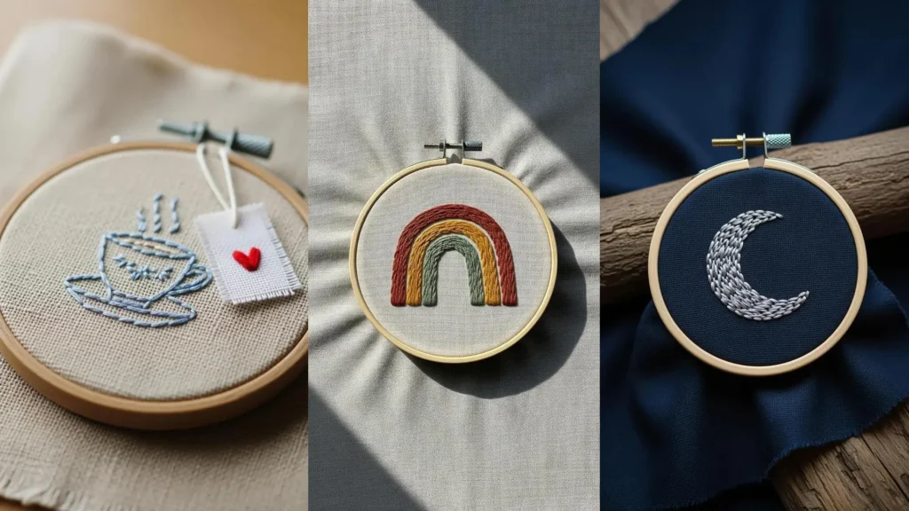 Three tiny hoop embroidery projects to sell at craft markets, featuring a teacup, a rainbow, and a crescent moon.