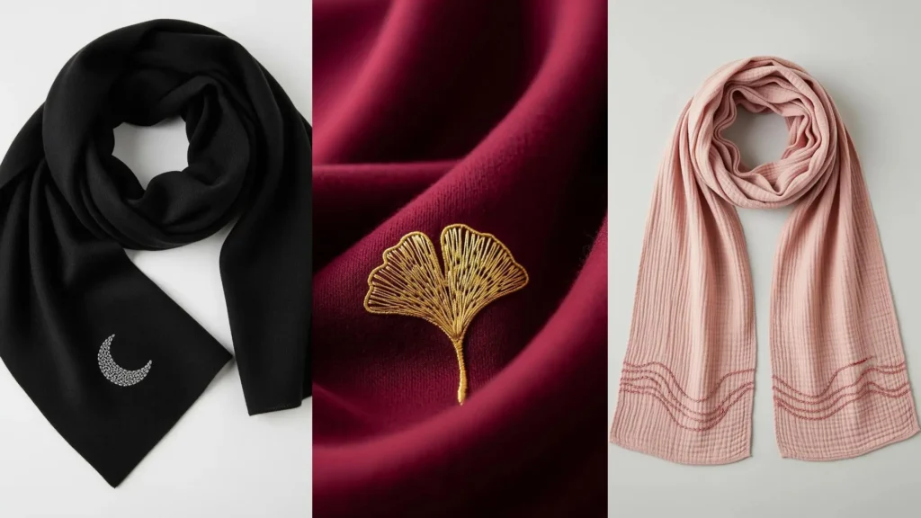 A collage of three scarves showing tiny stitching ideas: a crescent moon, a golden ginkgo leaf, and wavy lines.