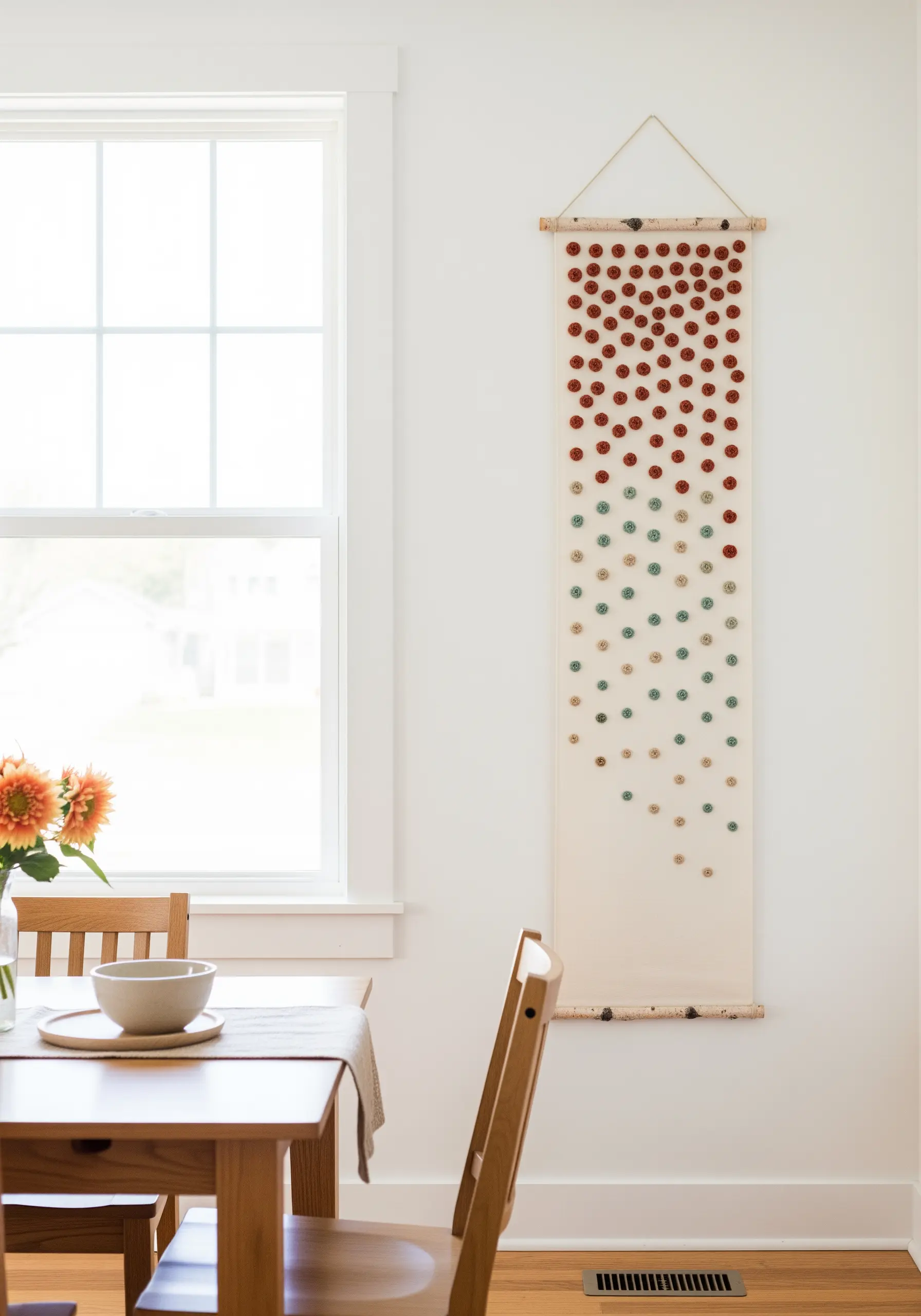 Long wall hanging with a gradient of embroidered circles in red, green, and beige.