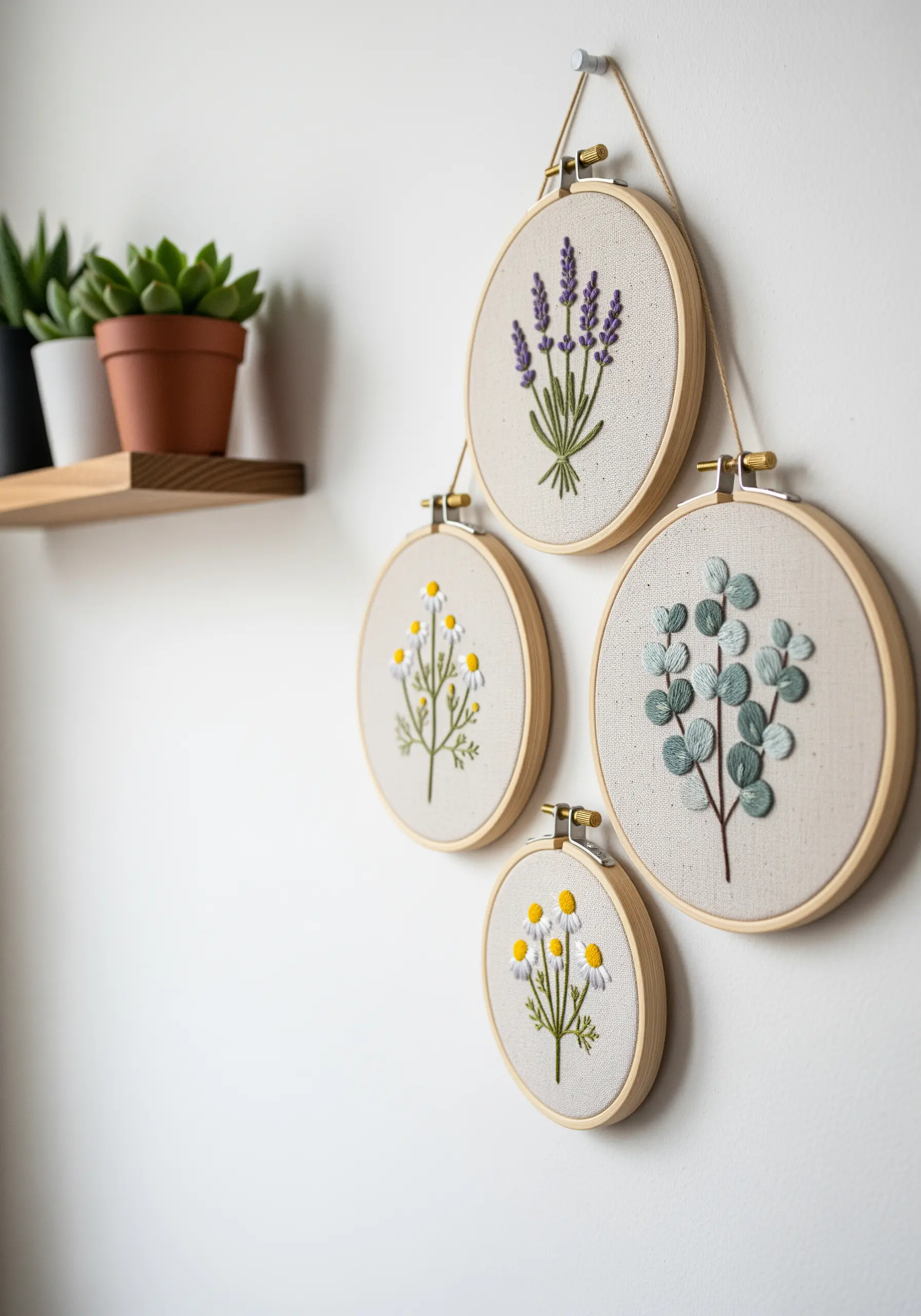 A collection of four embroidery hoops with lavender, chamomile, and eucalyptus motifs.