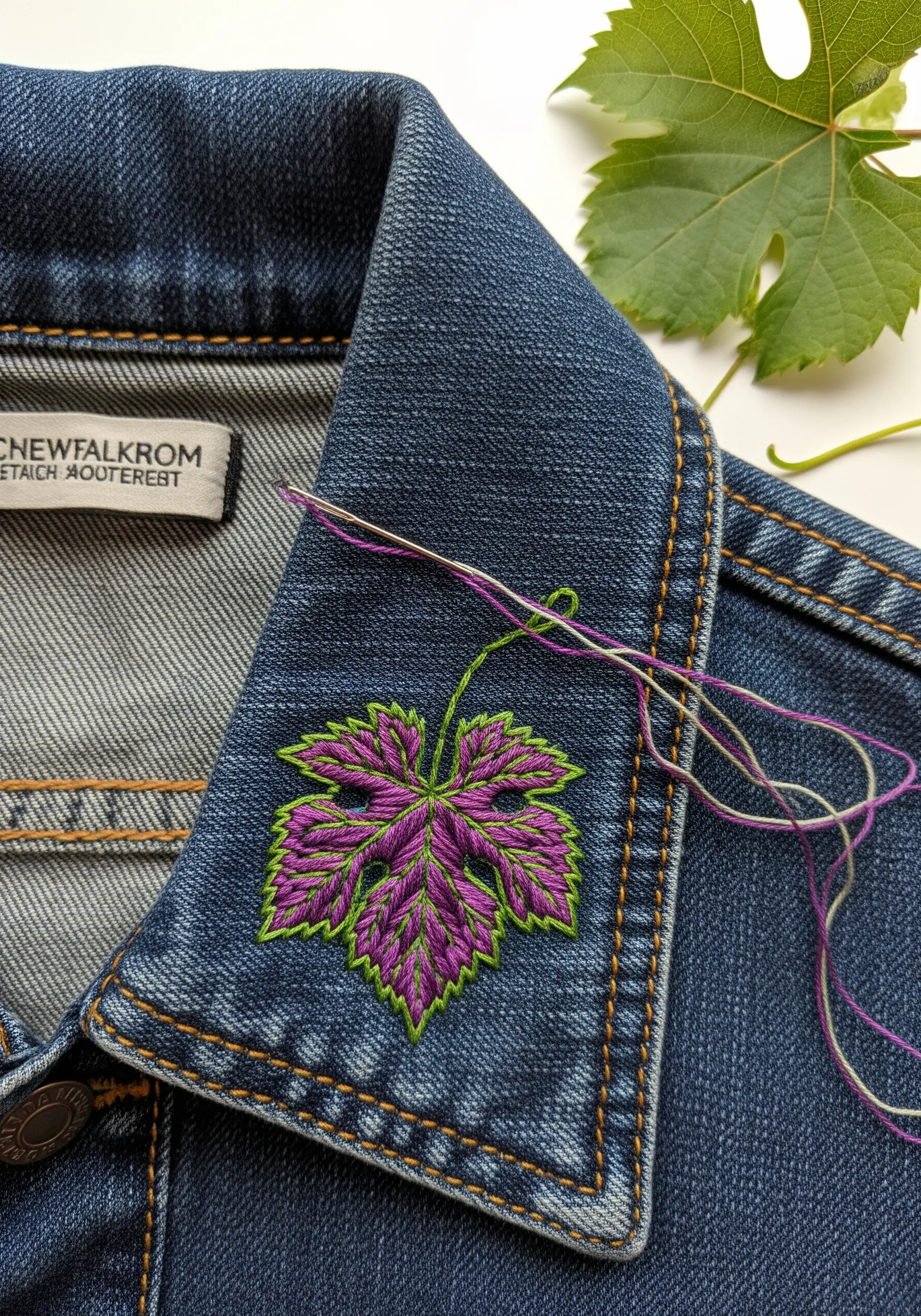 A detailed grape leaf stitched in variegated purple and green thread on a denim jacket collar.