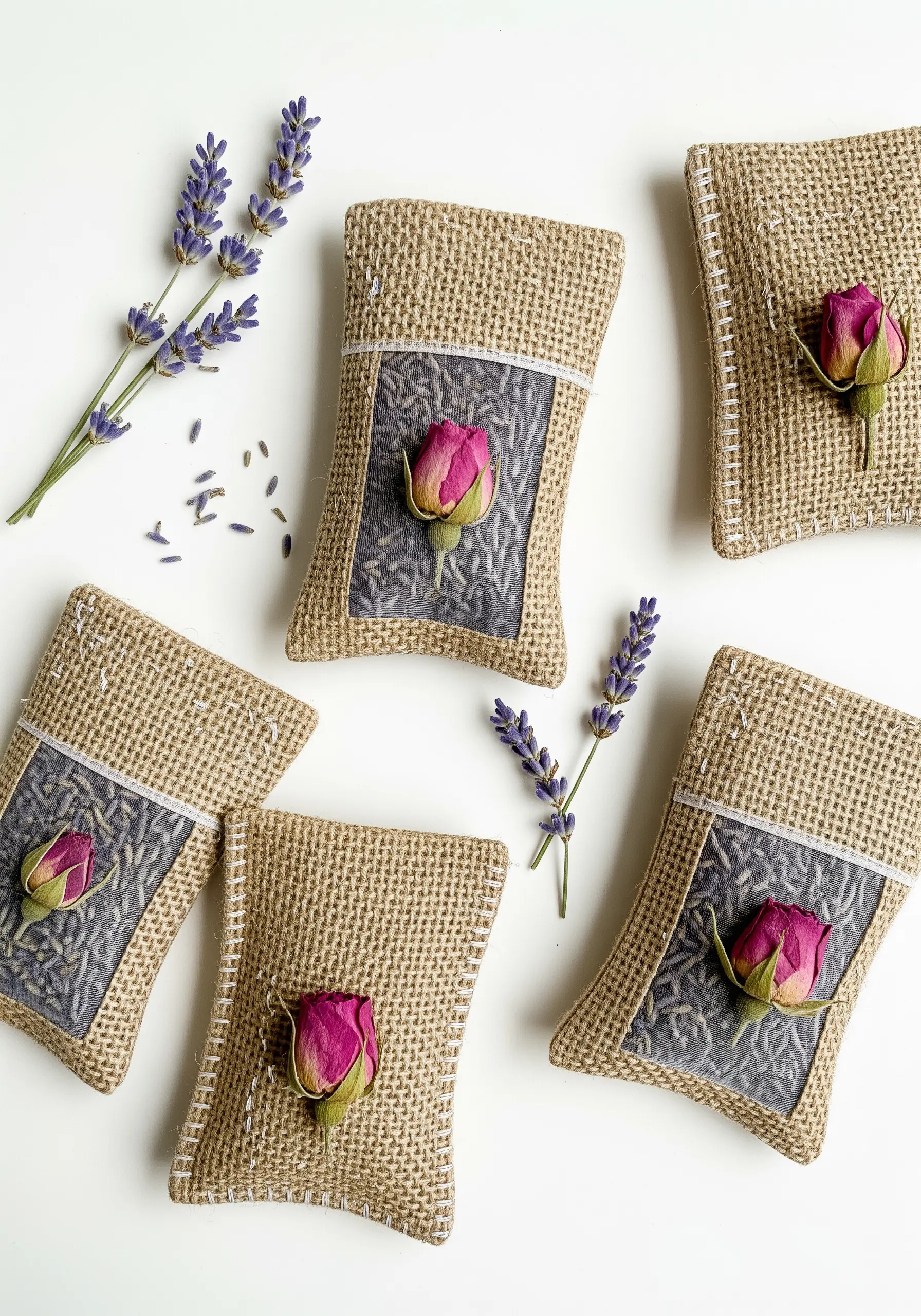 Burlap lavender sachets with tulle windows showcasing a single dried rosebud inside.