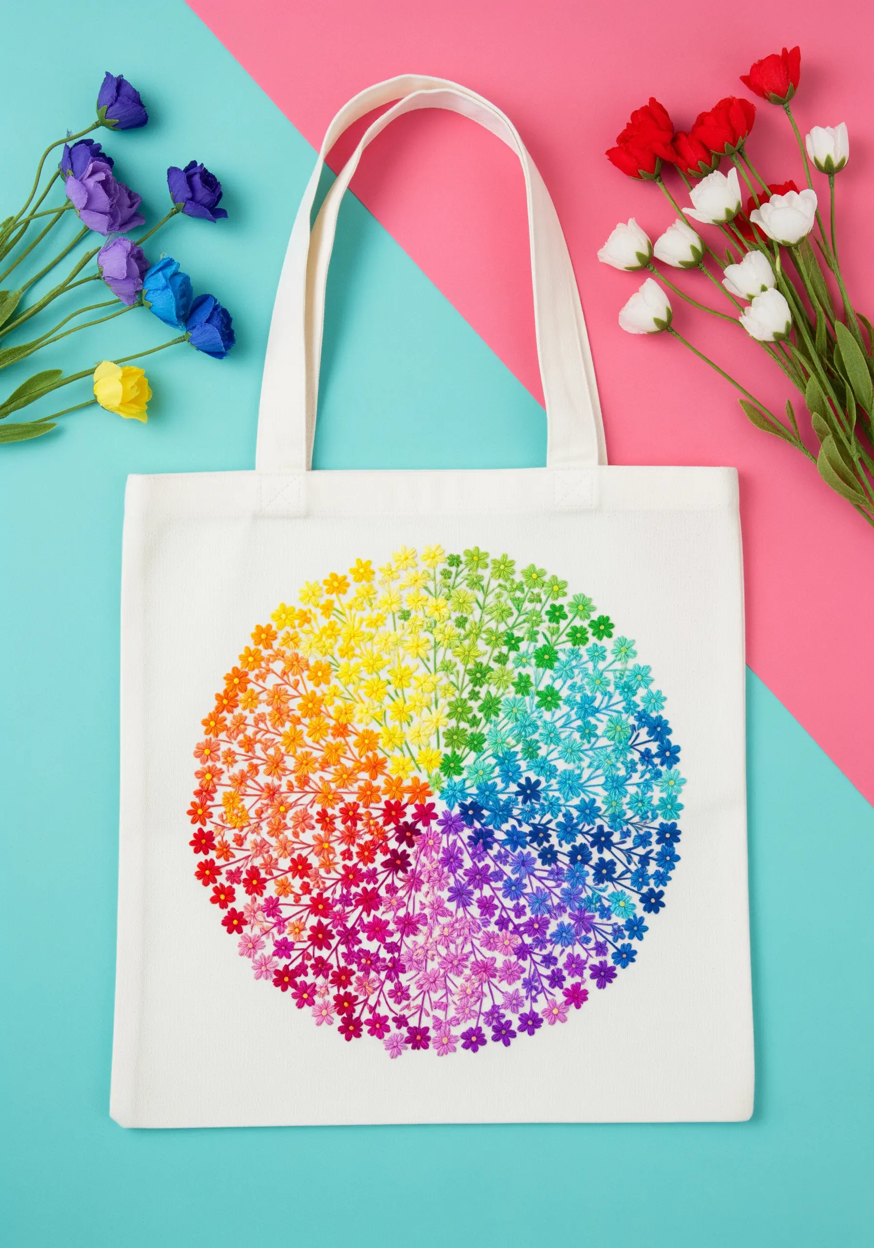 A circular mandala filled with tiny embroidered flowers arranged in a full rainbow spectrum.
