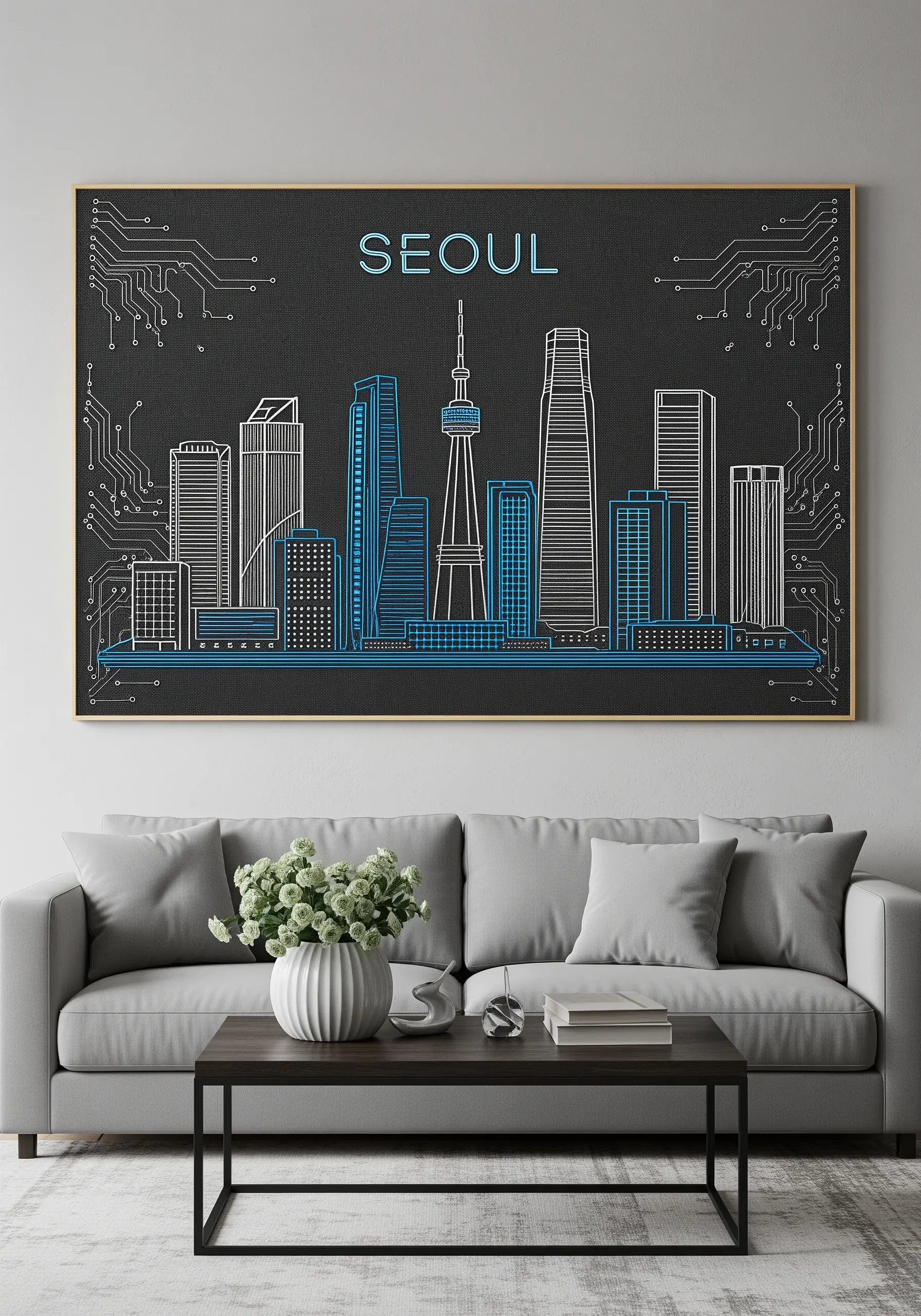 Futuristic embroidery of the Seoul skyline framed by glowing blue circuit board patterns.