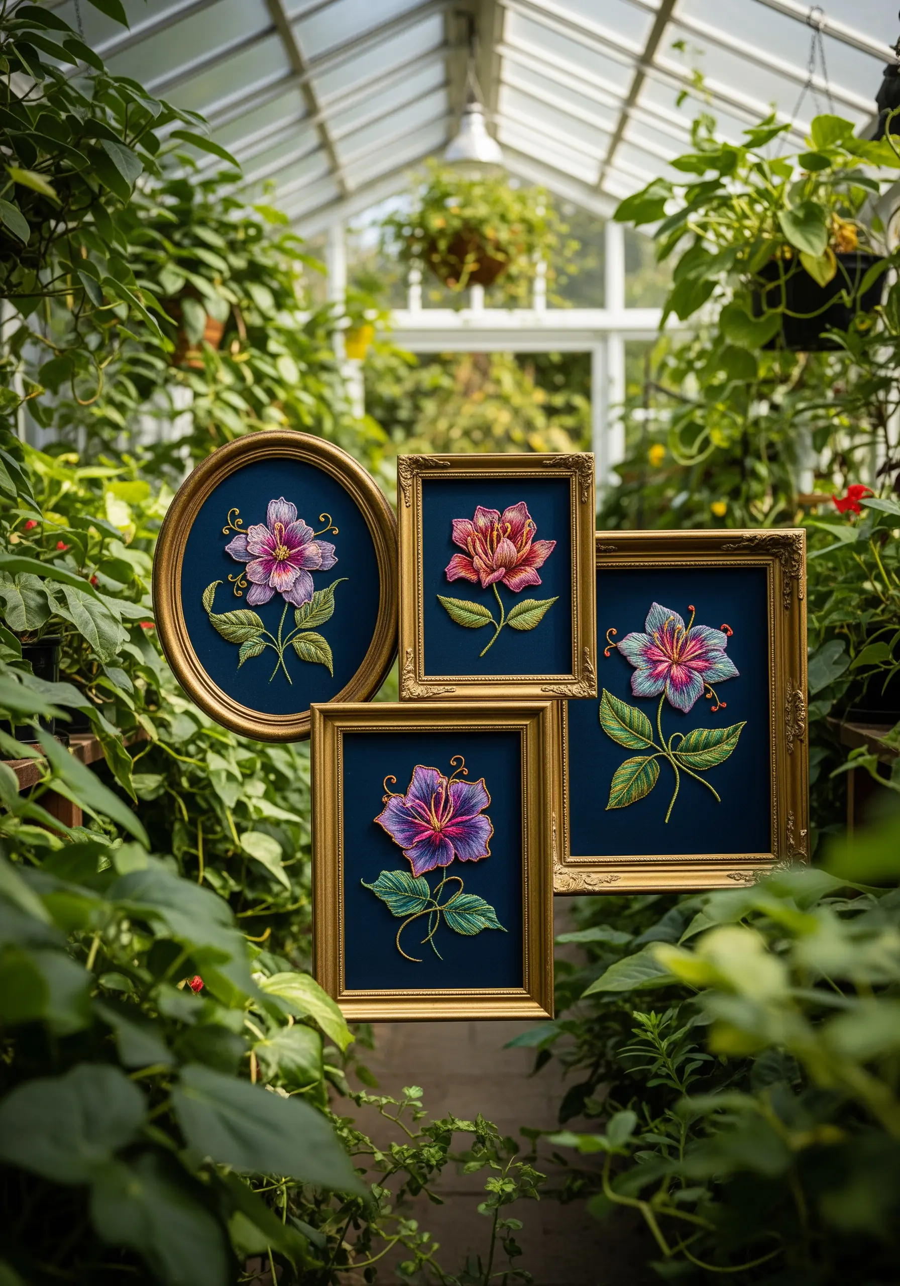 A collection of four framed floral embroidery pieces with vibrant petals on dark blue fabric.