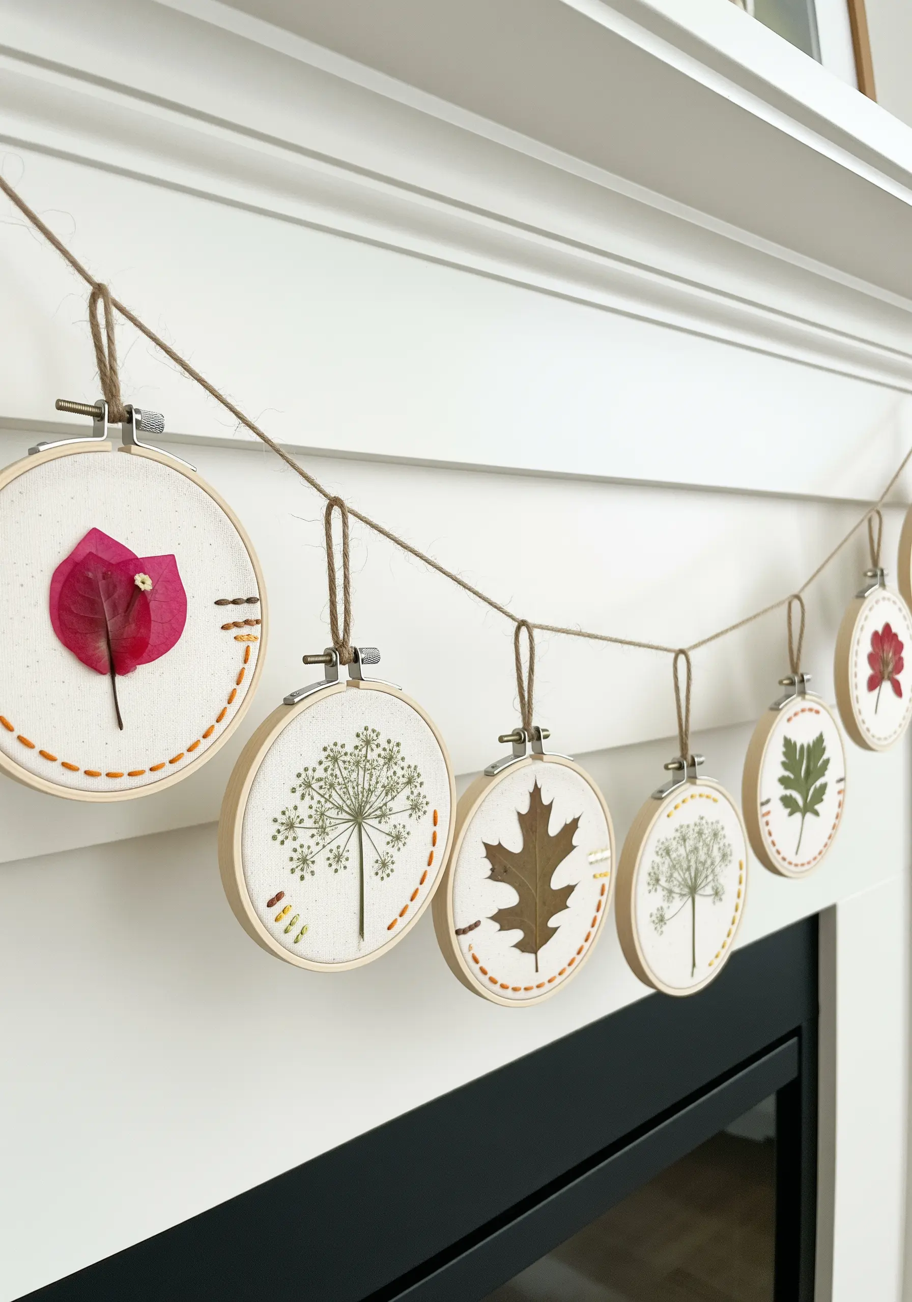 A garland of small embroidery hoops, each featuring a single pressed leaf or flower.