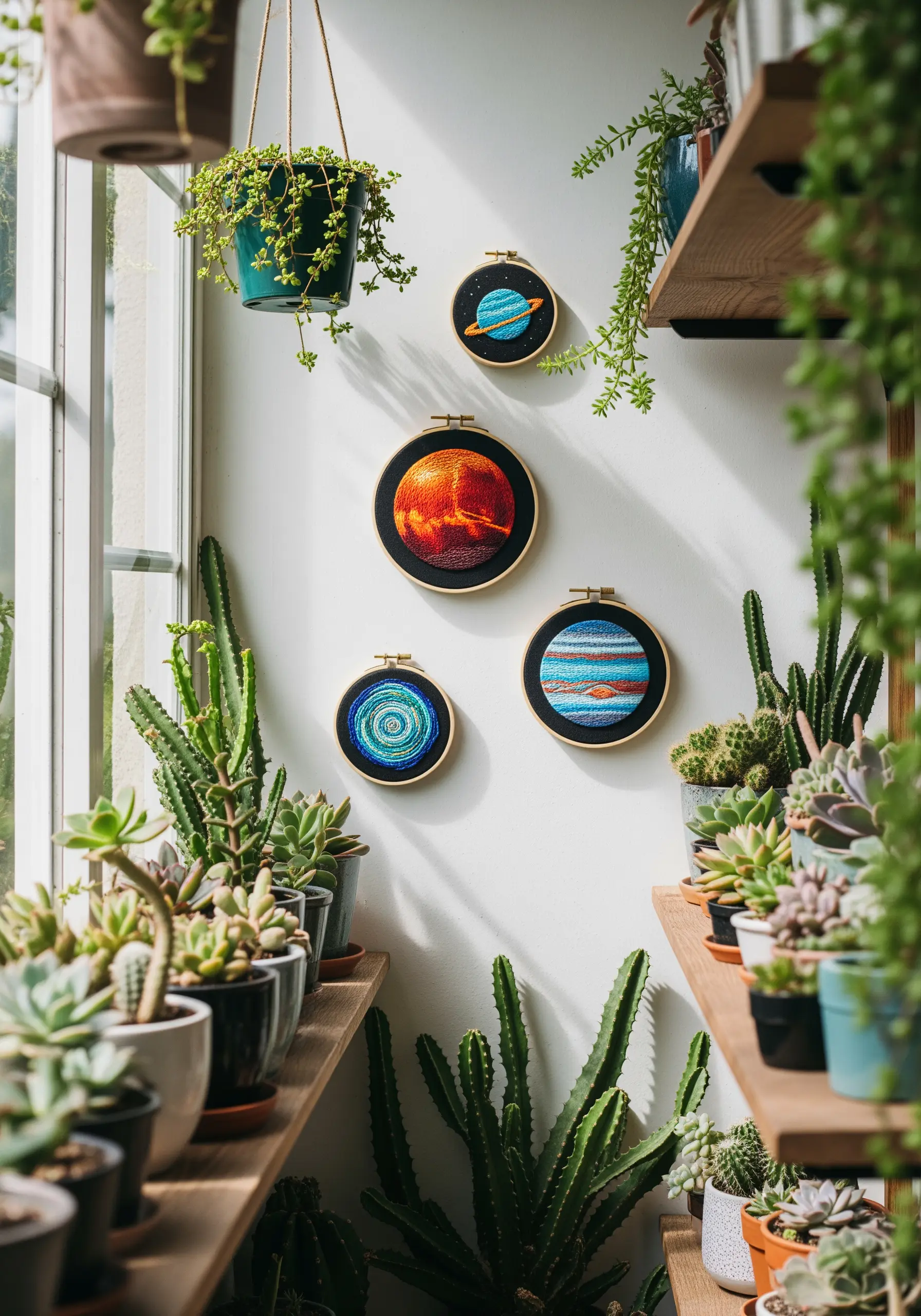 A collection of colorful embroidered planets in hoops, surrounded by succulents.