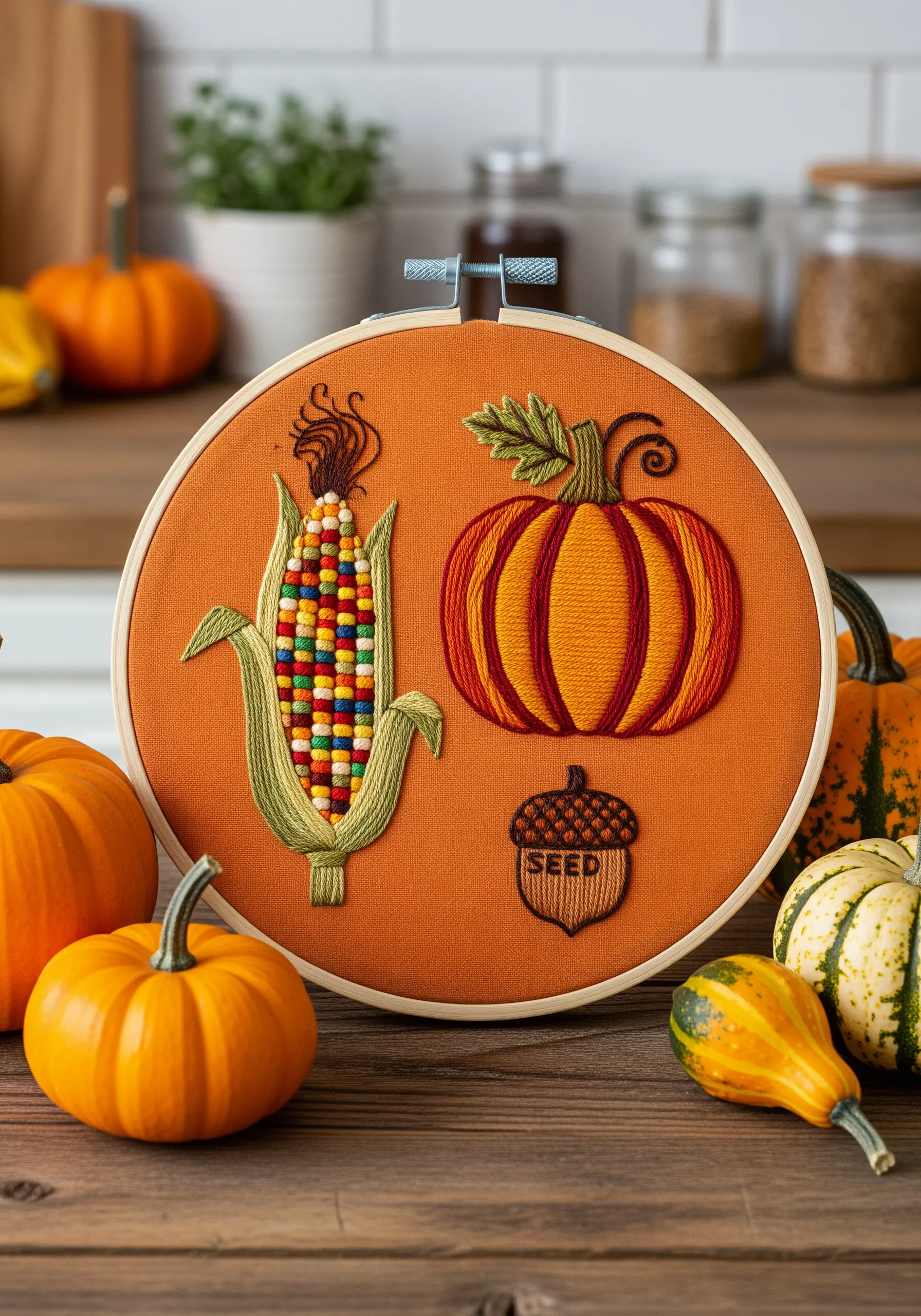 Embroidered autumn harvest motifs: multicolored corn, a pumpkin, and an acorn.