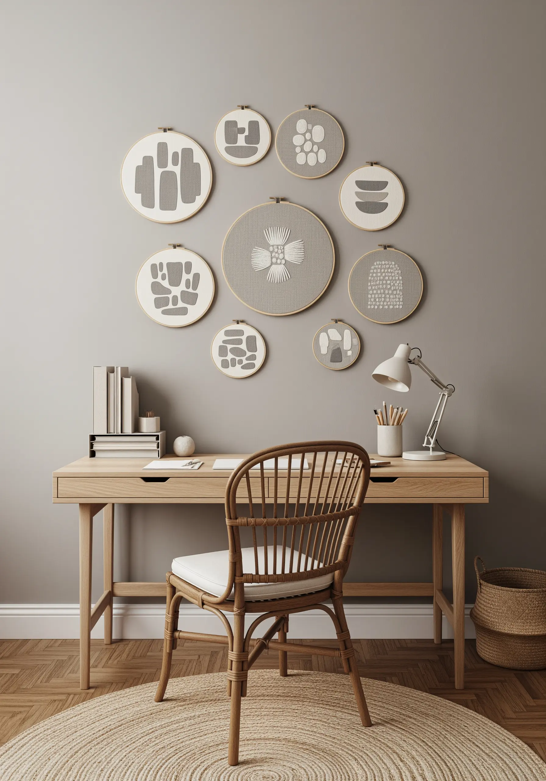 Gallery wall of nine embroidery hoops with abstract grey and ivory textural designs.